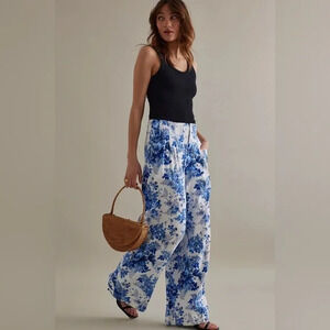 Anthropologie Maeve Womes Pants US 16 Linen Blend White Blue Floral Pockets